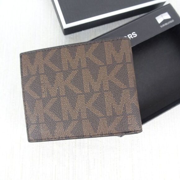 MICHAEL KORS Men's Wallet JET SET Slim Billfold Logo MK Brown Black New In Box - Picture 4 of 9